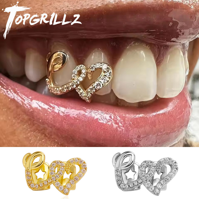 Body Jewelry For Men - TOPGRILLZ مزدوجة القلب الأسنان قبعات للنساء
